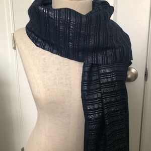 H&M Metallic Stripe Navy Blue and Silver Scarf with Fringe